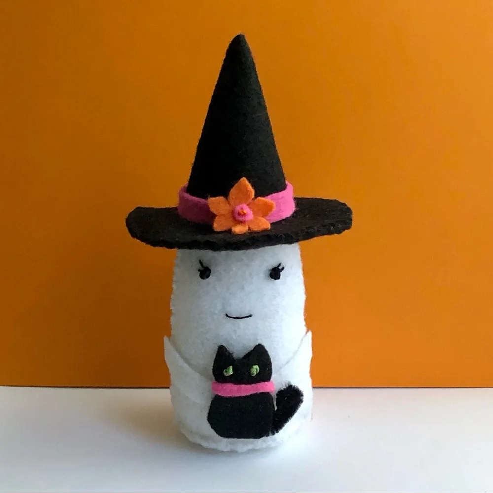 Hand-sewn felt Witch Ghost black cat, summerween handmade embroidery art doll